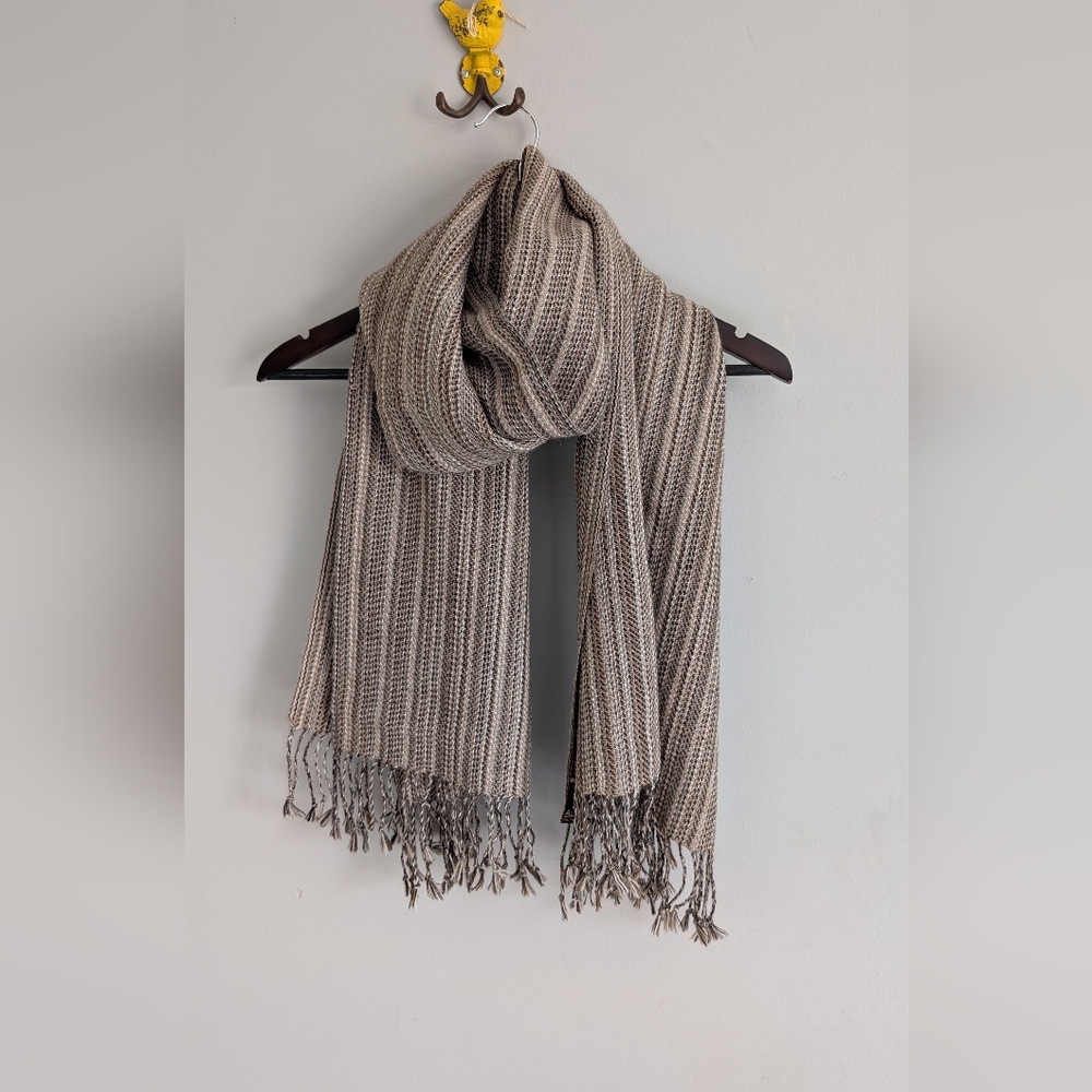 Alpaca | Brown & Cream Woven Striped Scarf w Fringe, 100% Alpaca